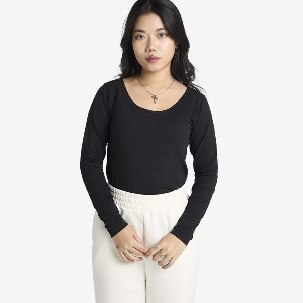 Scoop Neck Long Sleeve Top - Black