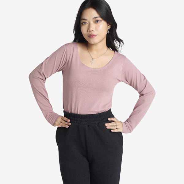 Scoop Neck Long Sleeve Top - Nude Pink
