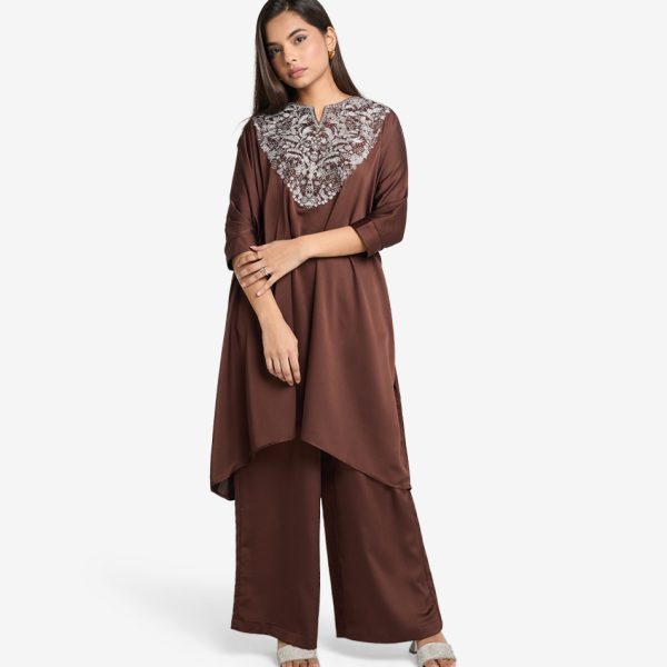 MAHAL Premium Brown Ganache Embroidered Kurta Set