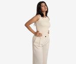 Ribbed Sleeveless Round Neck Top - Ecru