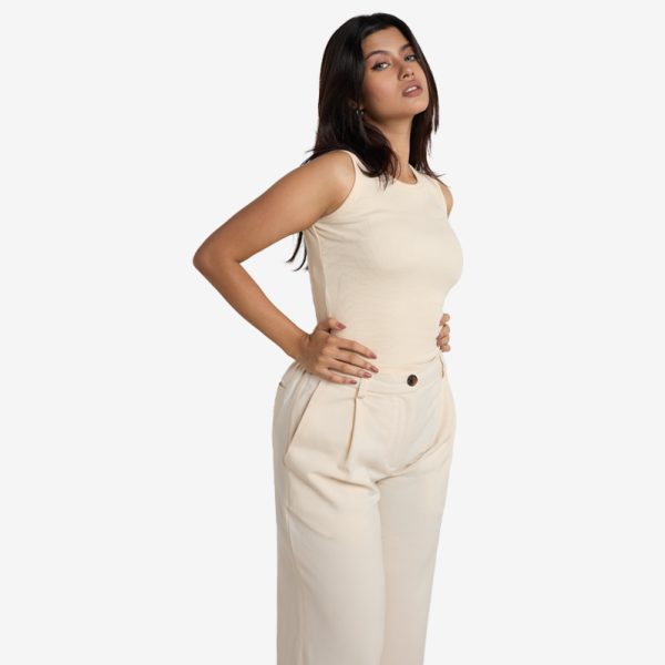 Ribbed Sleeveless Round Neck Top - Ecru