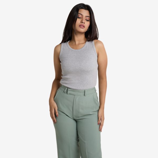Ribbed Sleeveless Round Neck Top - Grey