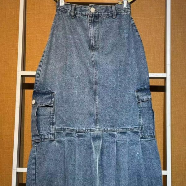 Cargo Pleated Denim Maxi Skirts
