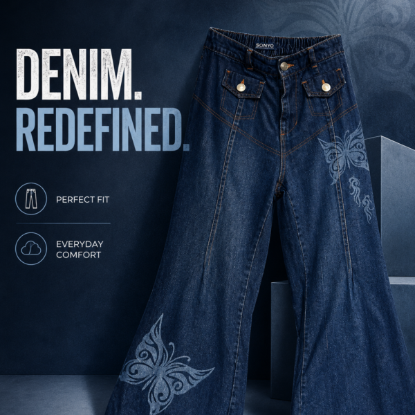 Butterfly Print Flare Denim Jeans