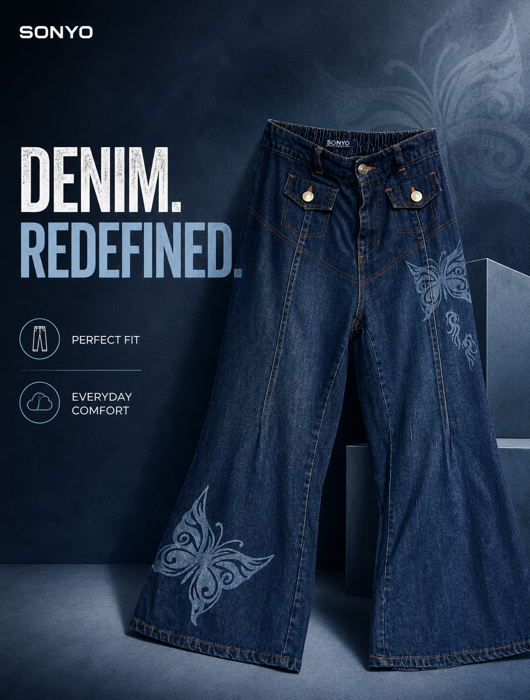 Denim Pants02 Butterfly Print Flare Denim Jeans - Image 1