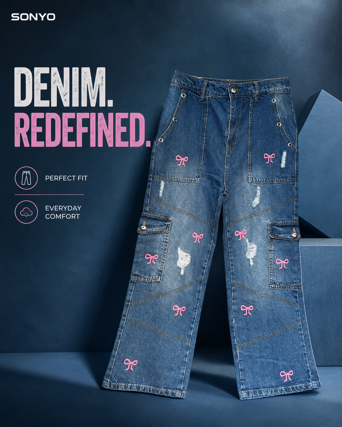 Denim Pnats01 Embroidered Cargo Denim Jeans - Image 1