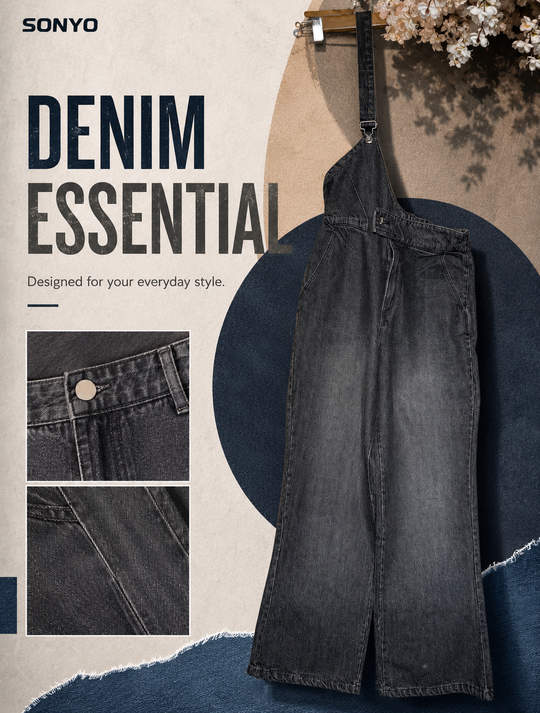 Jumpsuit01 One-Shoulder Washed Black Denim Jumpsuit - Image 1