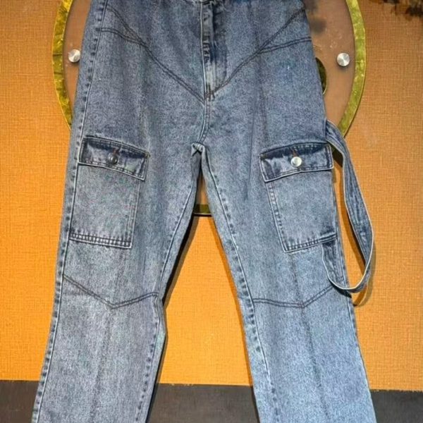 Strap-Detail Acid Wash Cargo Jeans