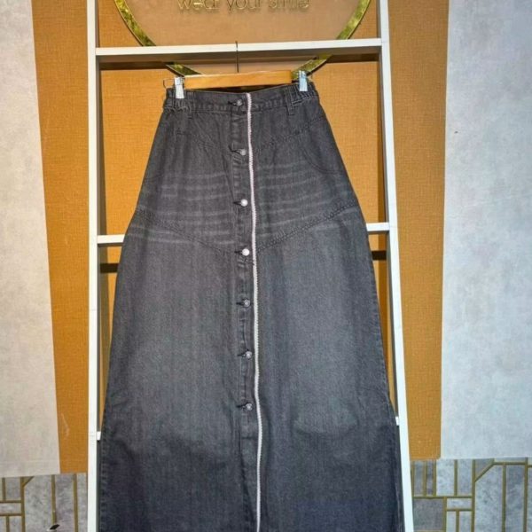 Front-Button Washed Black Denim Maxi Skirt