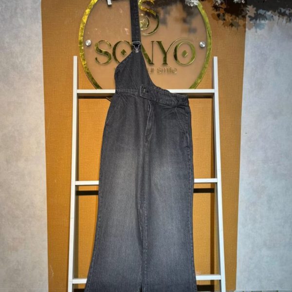 One-Shoulder Washed Black Denim Jumpsuit