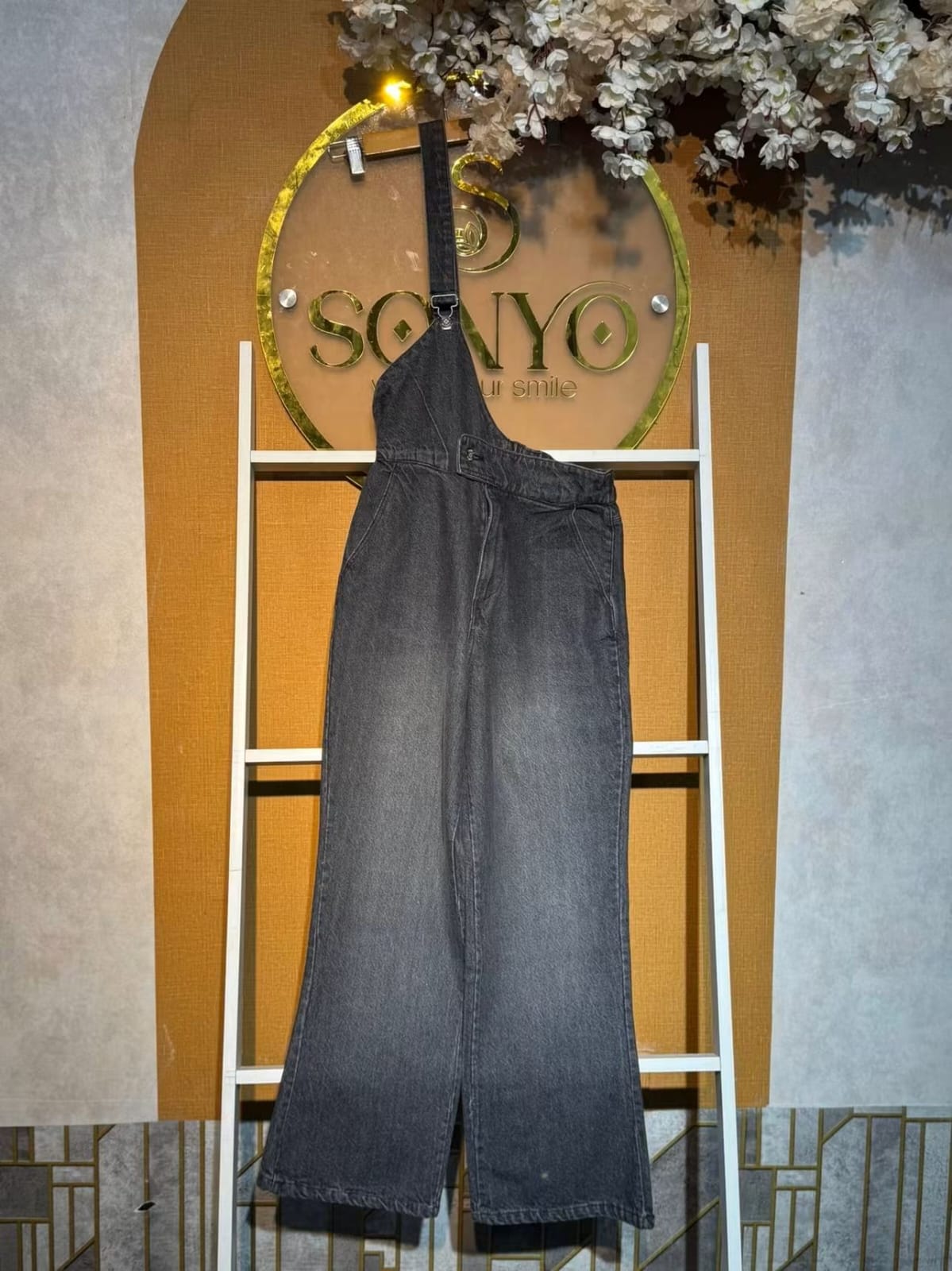 jumpsuit_price1450_quantity2 One-Shoulder Washed Black Denim Jumpsuit - Image 1