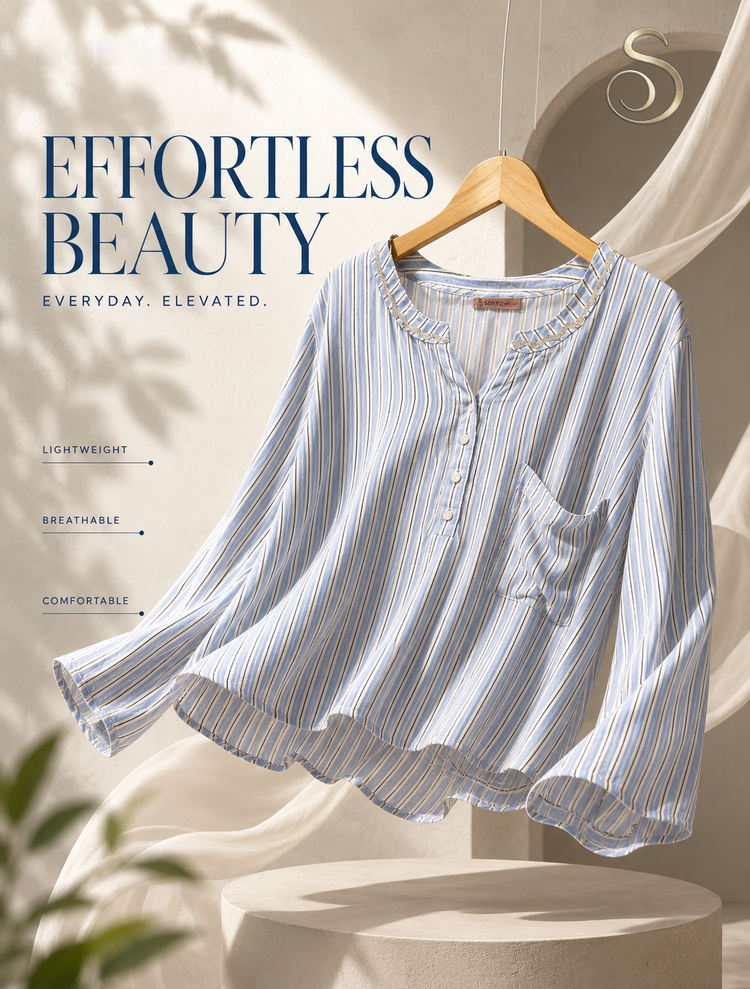 SHirts06 (1) Blue Striped Notch Neck Tunic Tops - Image 1