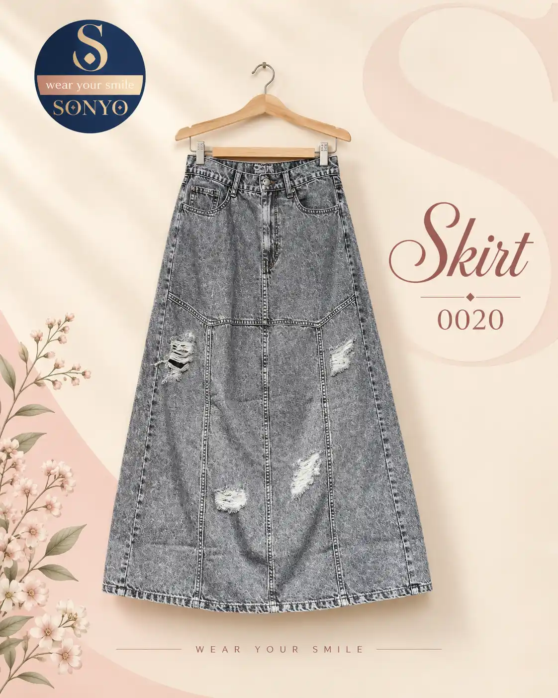 Chic Gray Denim Skirt 0020 Ripped Grey Maxi Denim Skirt with Vertical Seams - Image 1