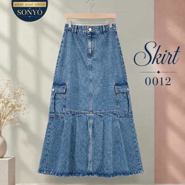 ONYO Pleated Cargo Denim Maxi Skirt