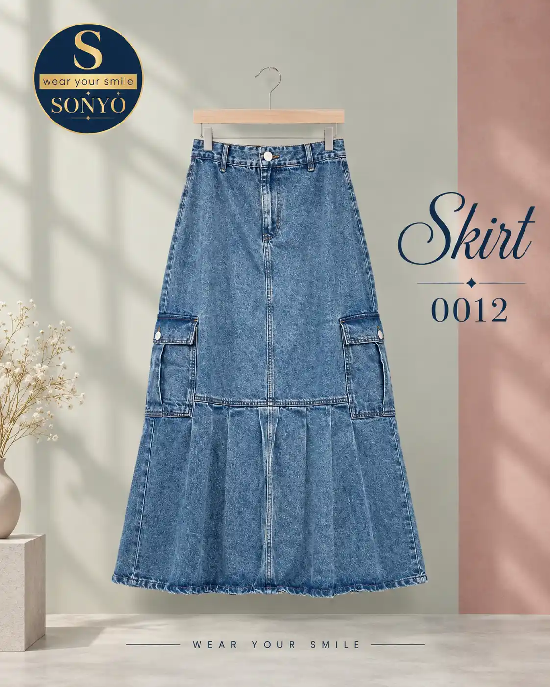 Elegant Denim Skirt Catalog 0012 ONYO Pleated Cargo Denim Maxi Skirt - Image 1