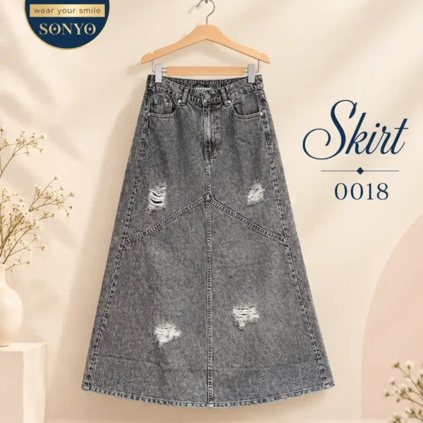 Ripped Grey Denim Long Skirt