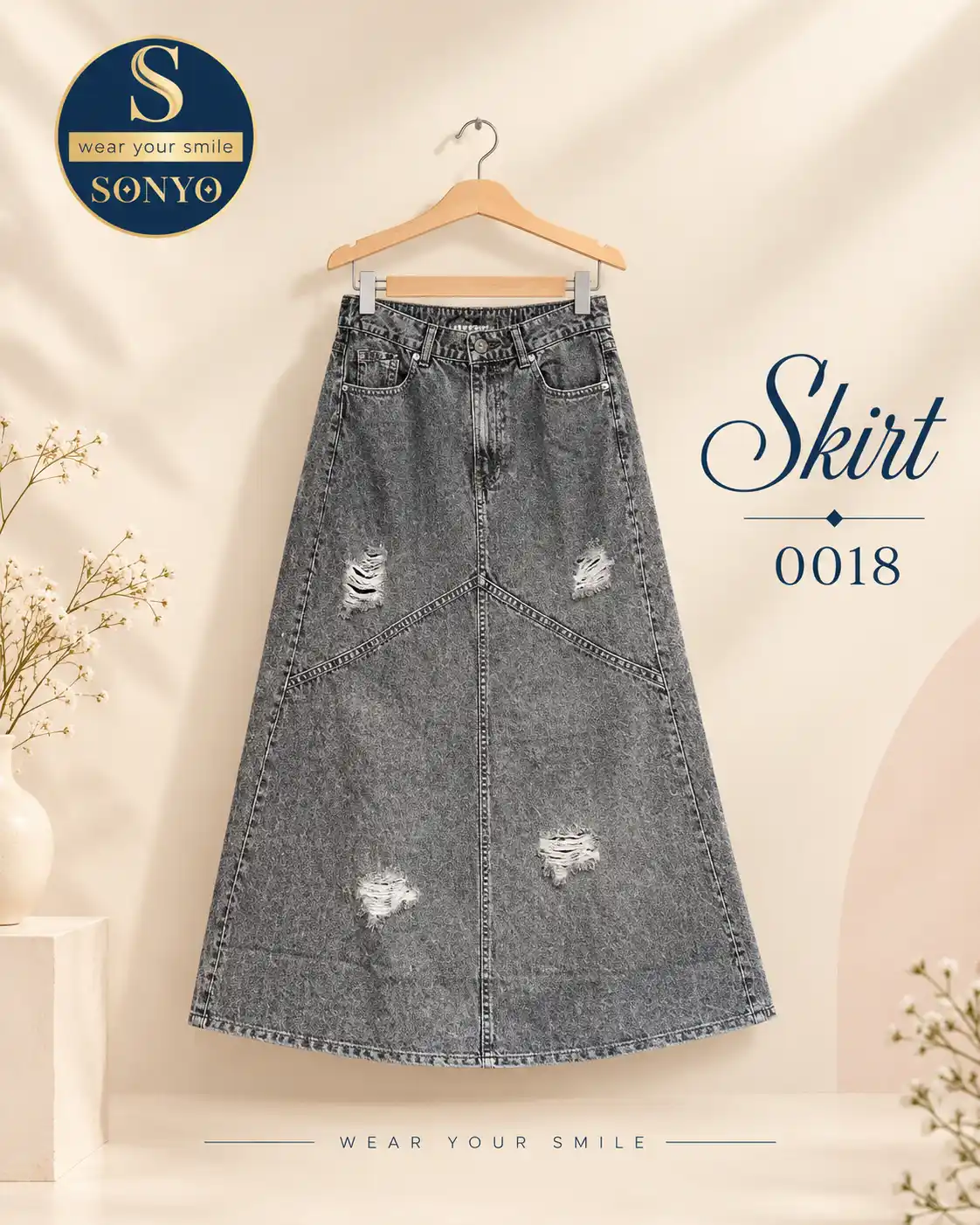 Elegant Denim Skirt Catalog 0018 Ripped Grey Denim Long Skirt - Image 1