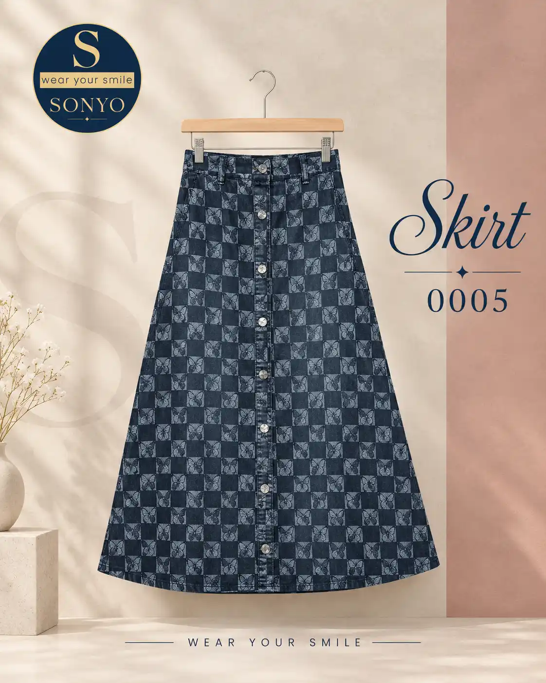 Elegant Denim Skirt Editorial 005 SONYO Geometric Butterfly Print Maxi Skirt - Image 1