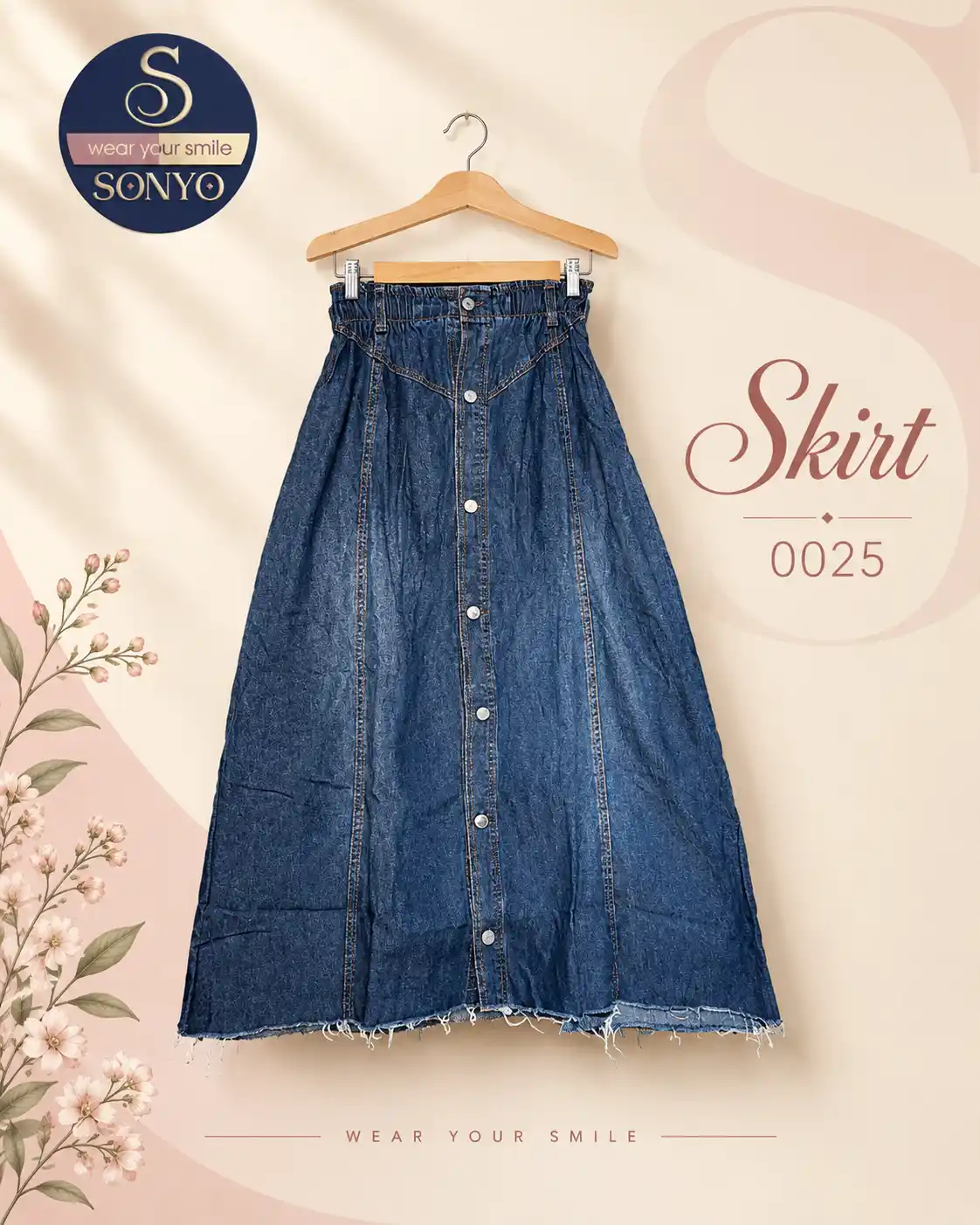 Elegant Denim Skirt Editorial Poster SONYO Paneled A-Line Denim Maxi Skirt - Image 1