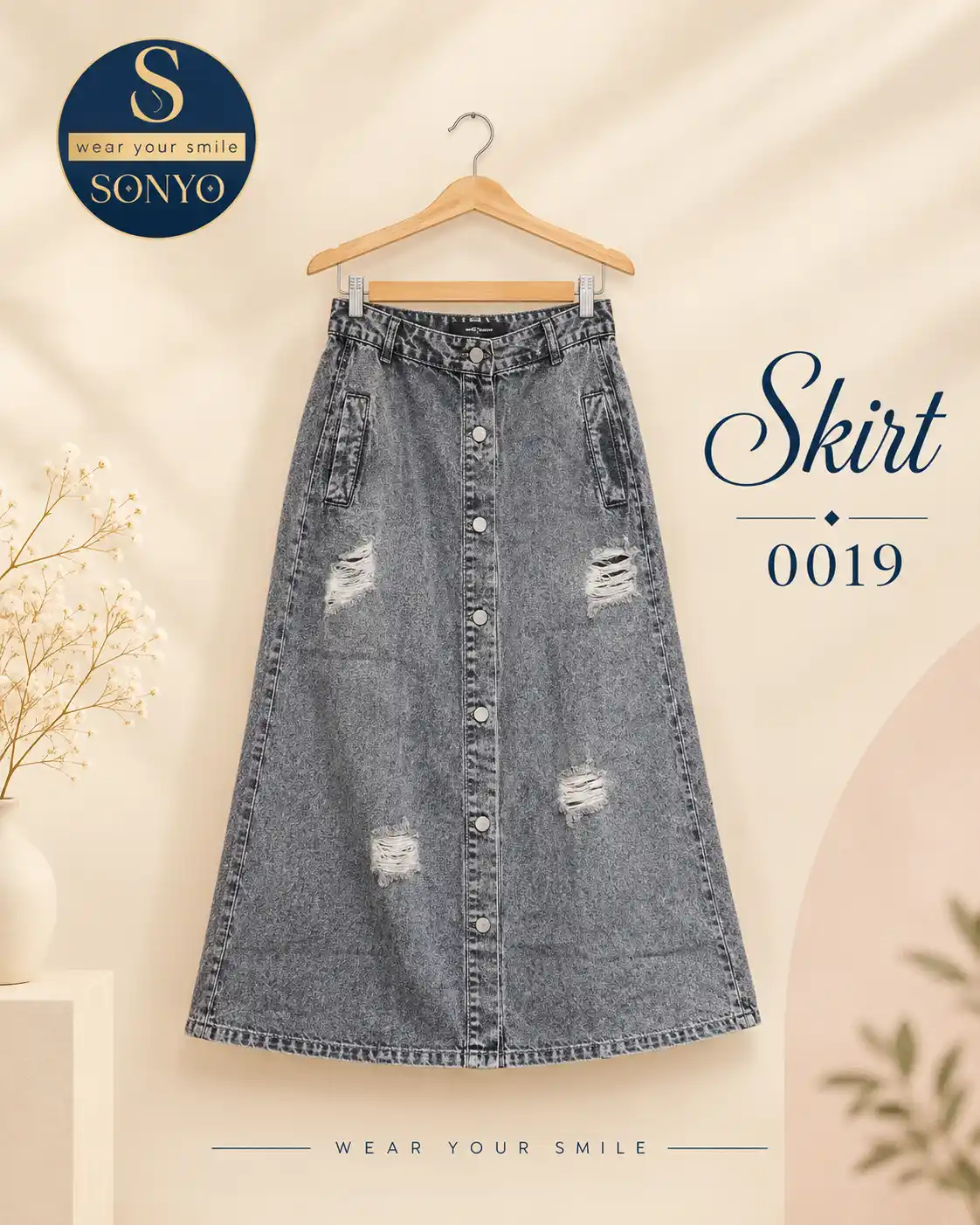 Elegant Denim Skirt Fashion 0019 SONYO Distressed Vintage Grey Denim Skirt - Image 1