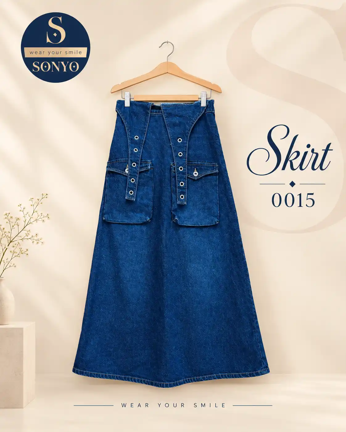Elegant Indigo Denim Skirt 0015 Multi-Pocket Cargo Long Denim Skirt - Image 1