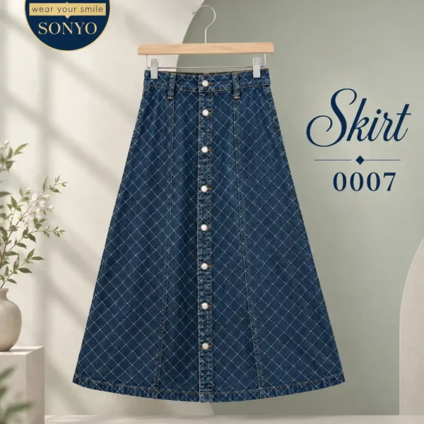 Button-Front Indigo Maxi Skirt with Crosshatch Stitching