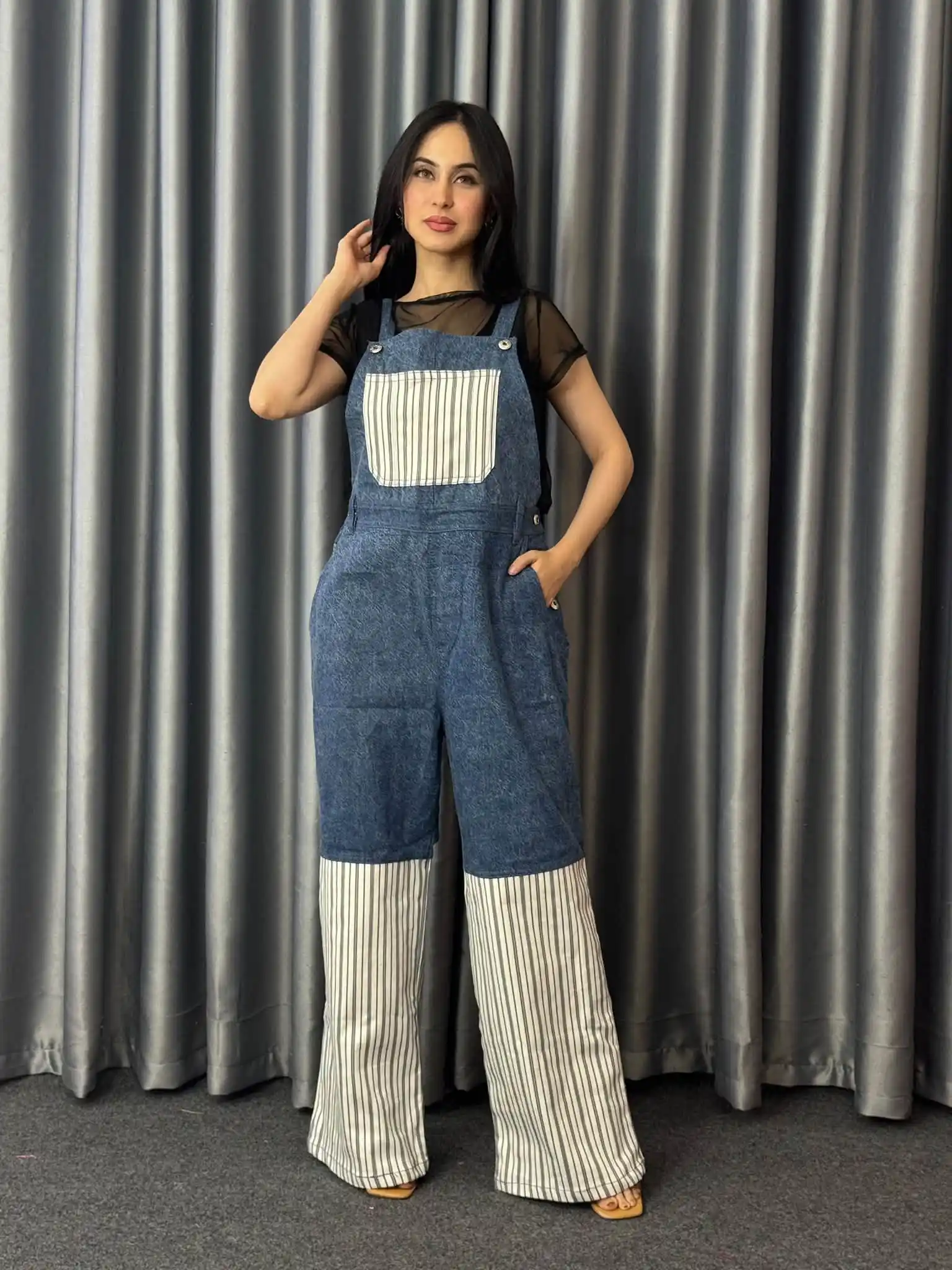 Jumpsuit02 SONYO Striped Contrast Denim Jumpsuit - Image 1