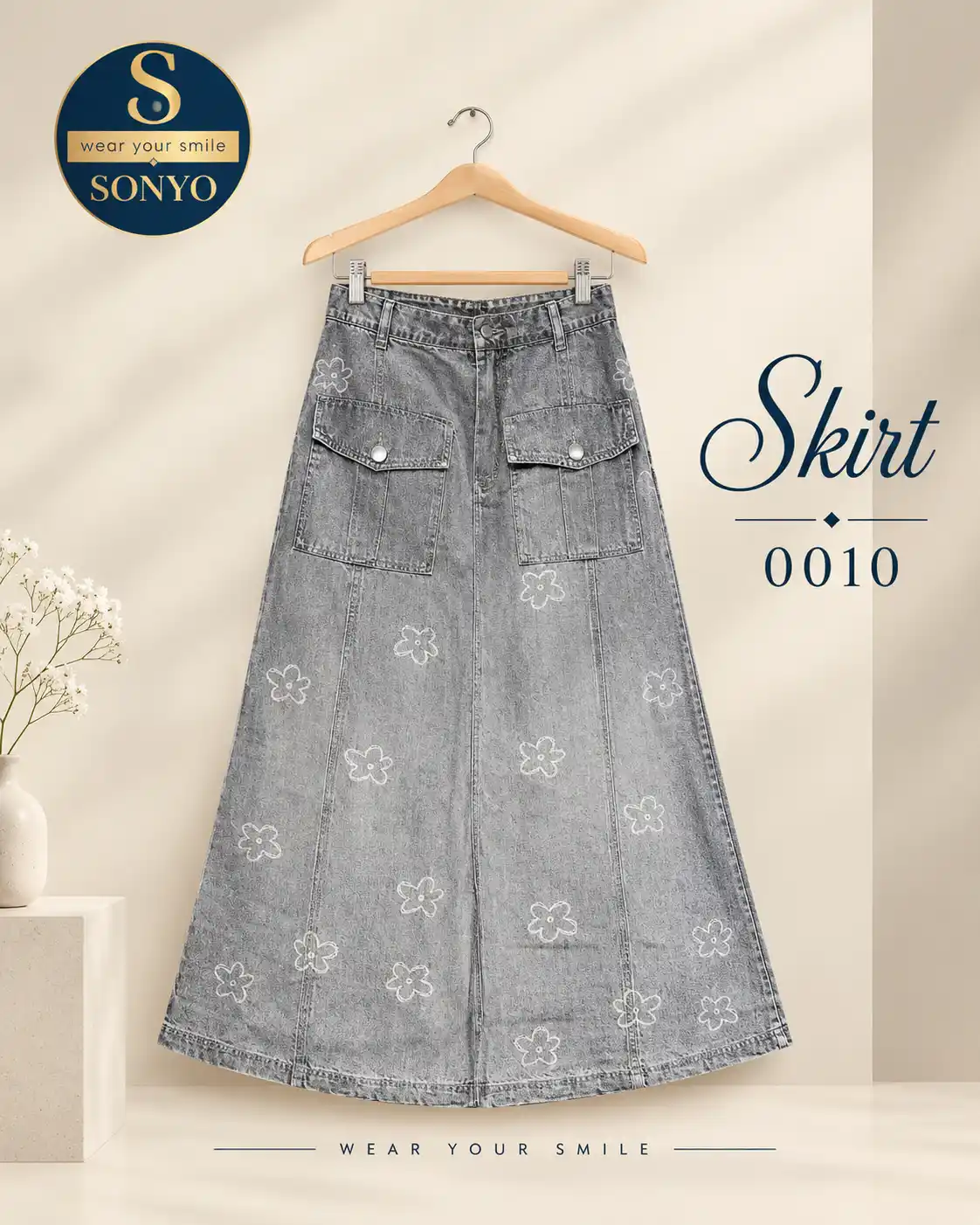 Luxury Gray Denim Skirt 0010 Utility Cargo Denim Long Skirt with Floral Motifs - Image 1