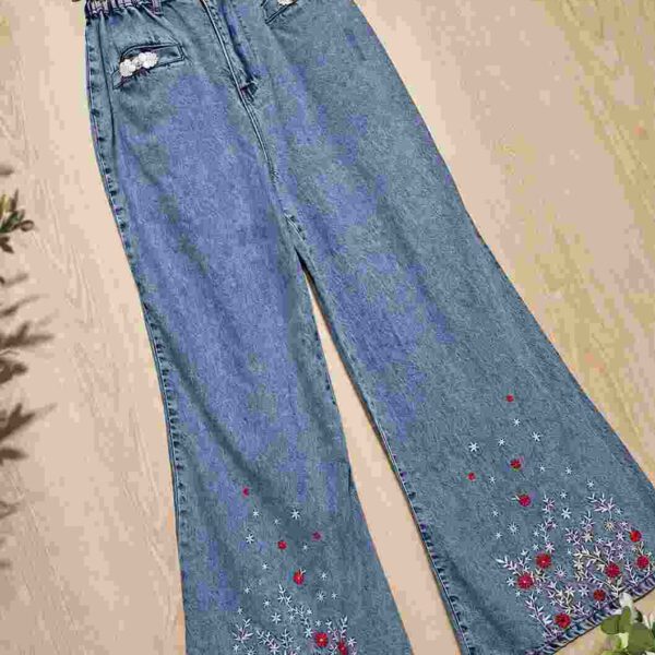 Light-Wash Wide-Leg Jeans with Embroidered Cuffs