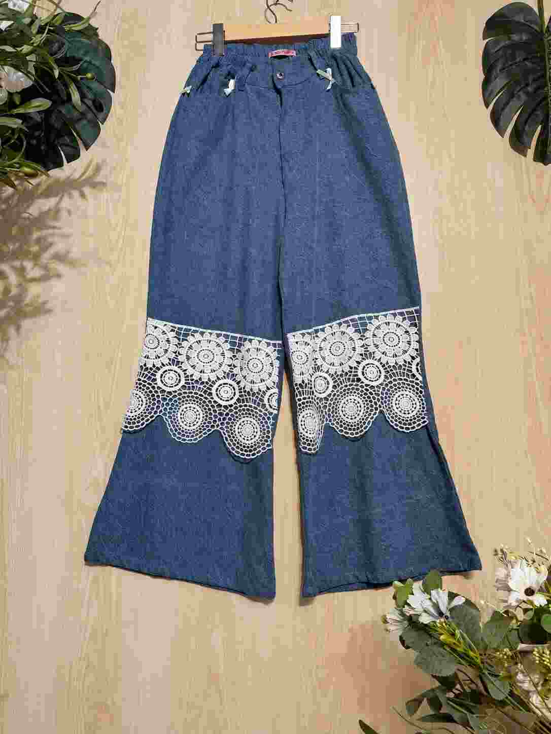 New Pntas07 SONYO Mid-Indigo Wide-Leg Pants with Lace Band - Image 1
