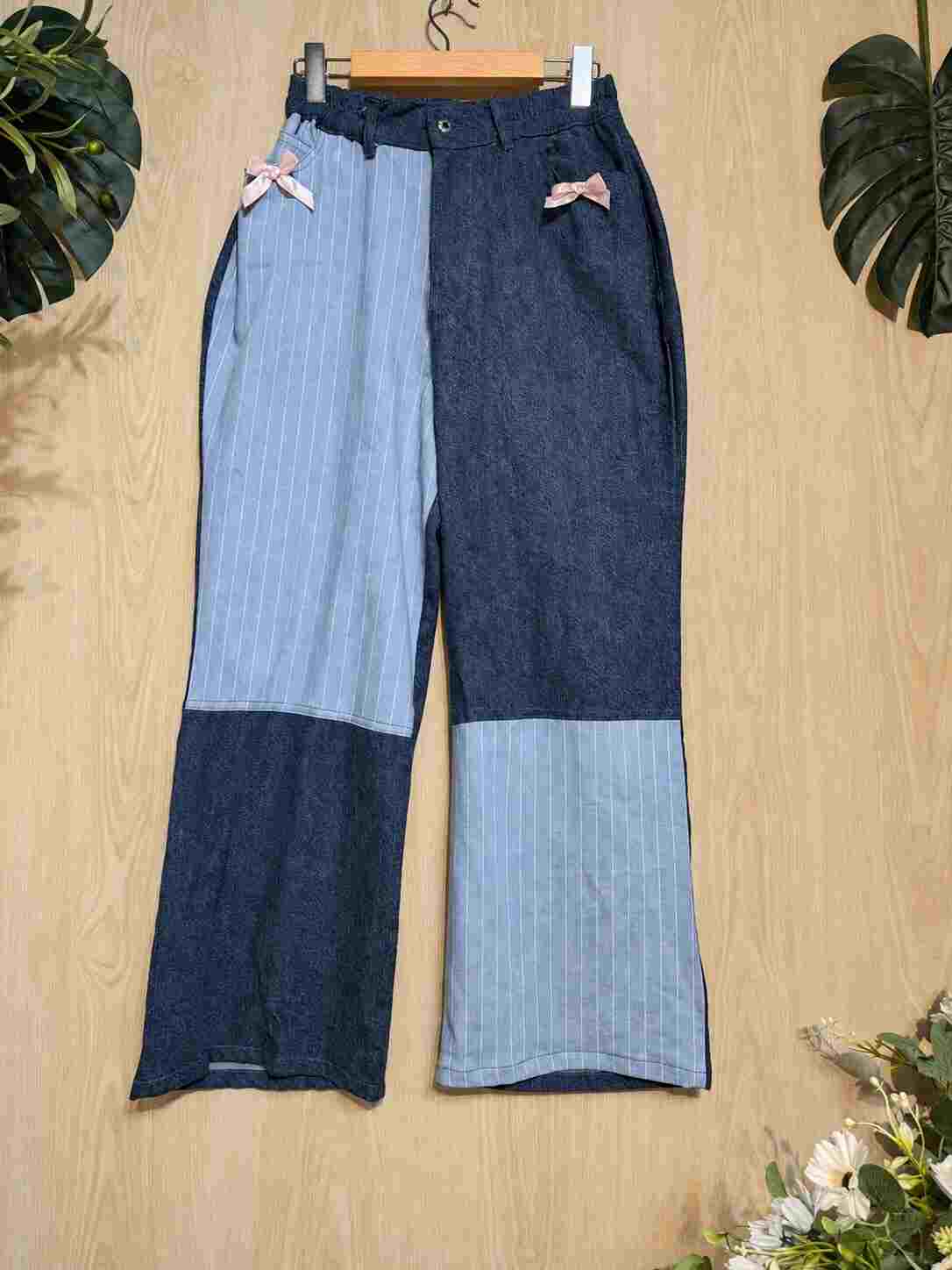 New Pntas09 SONYO Playful Asymmetric Contrast Jeans - Image 1