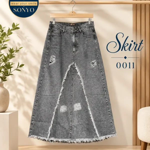 Ripped Grey Denim Long Skirt with Frayed Inset