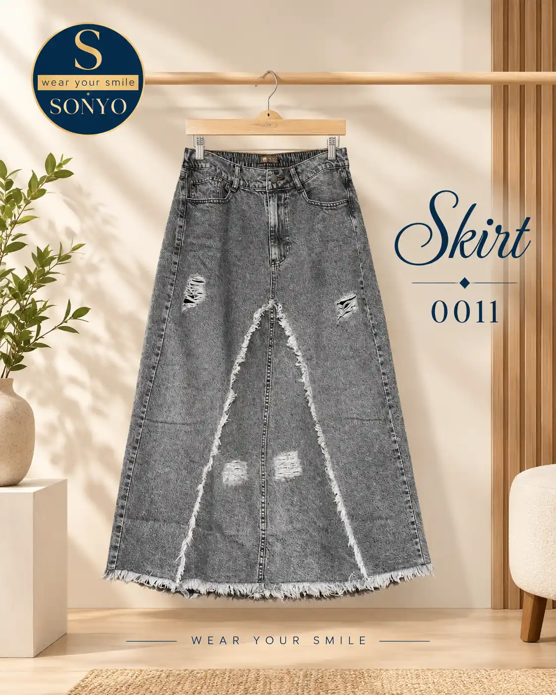 Premium Denim Skirt 0011 Ripped Grey Denim Long Skirt with Frayed Inset - Image 1