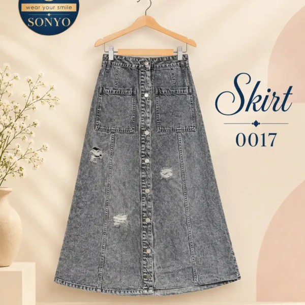 Ripped Grey Utility Button-Down Maxi Skirt