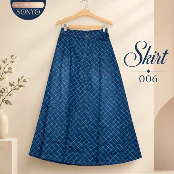 SONYO Geometric Grid A-Line Denim Skirt