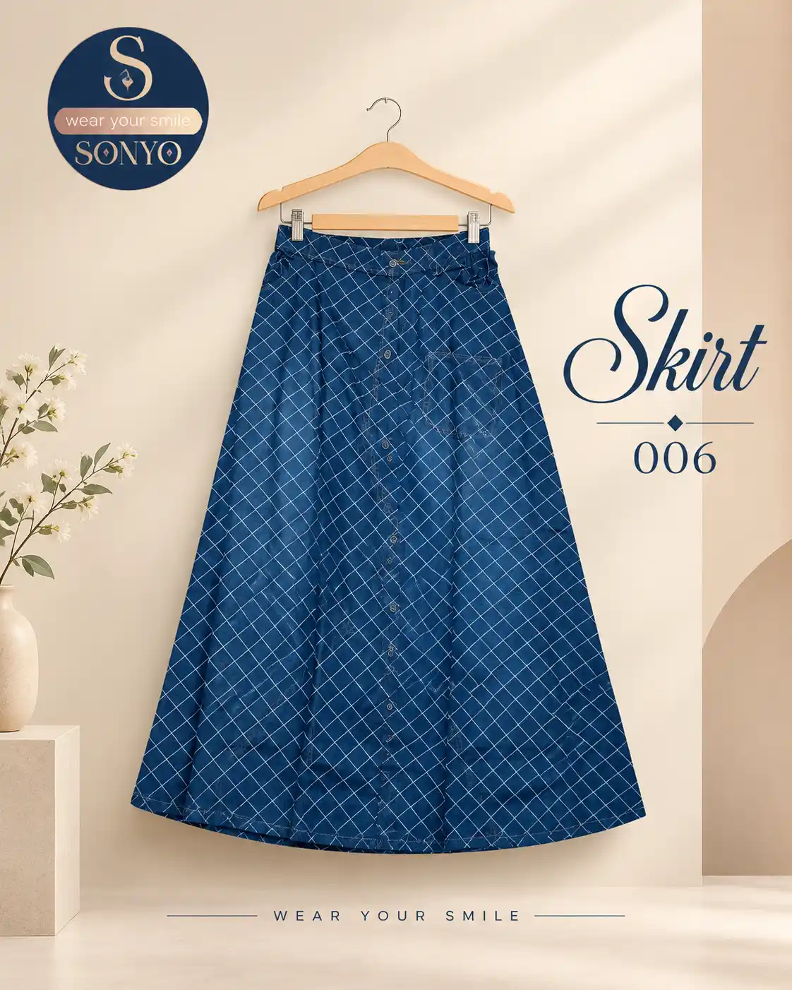 SONYO Indigo Diamond-Pattern Skirt 006 SONYO Geometric Grid A-Line Denim Skirt - Image 1