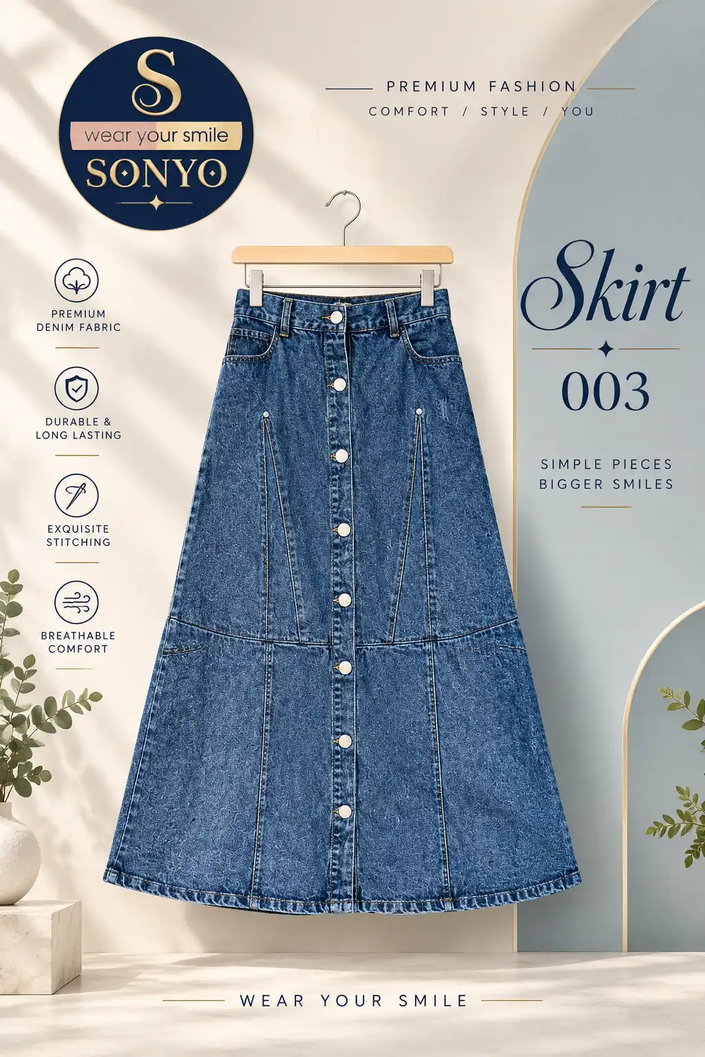 SonYo Premium Denim Skirt 003 Angular Seam Indigo Maxi Denim Skirt - Image 1
