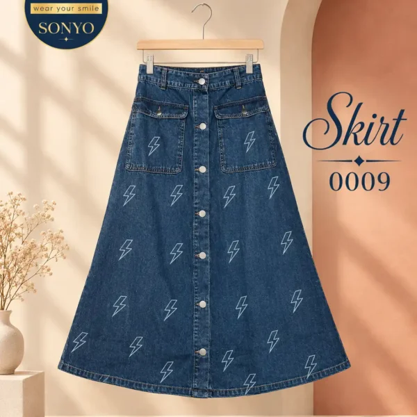 ONYO Mid-Wash Skirt with White Lightning Bolt Motifs