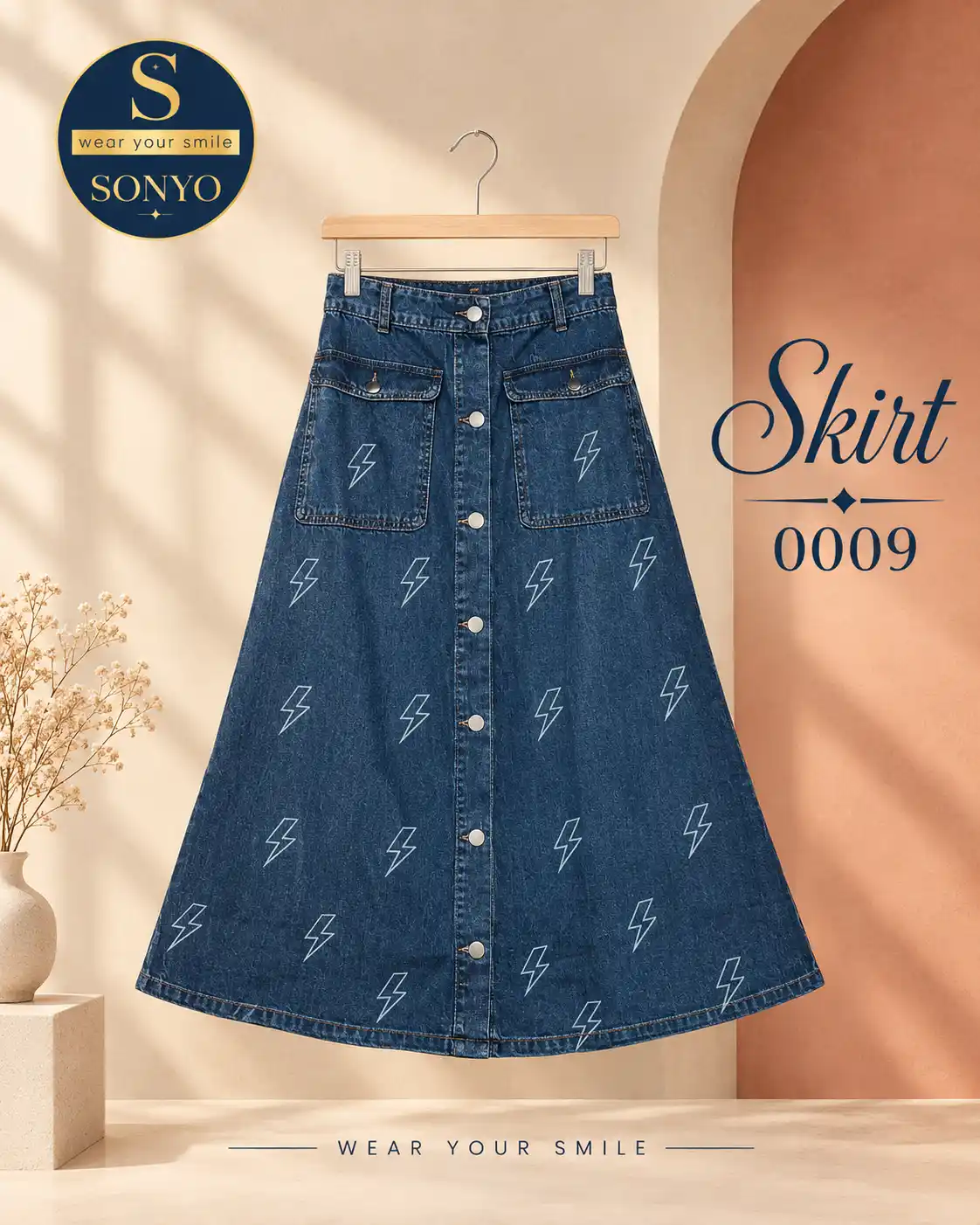 Sonya Denim Skirt Editorial 009 ONYO Mid-Wash Skirt with White Lightning Bolt Motifs - Image 1