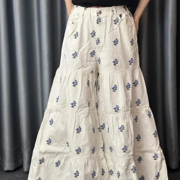White and Blue Floral Tiered Pants