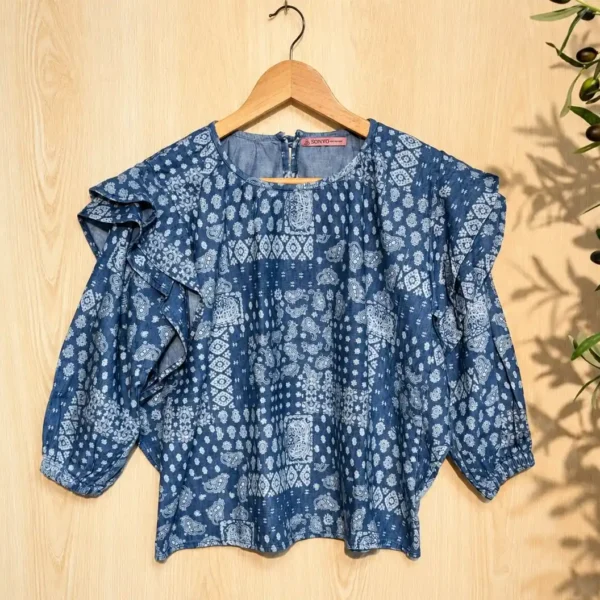 Ruffled Shoulder Motif Printed Top