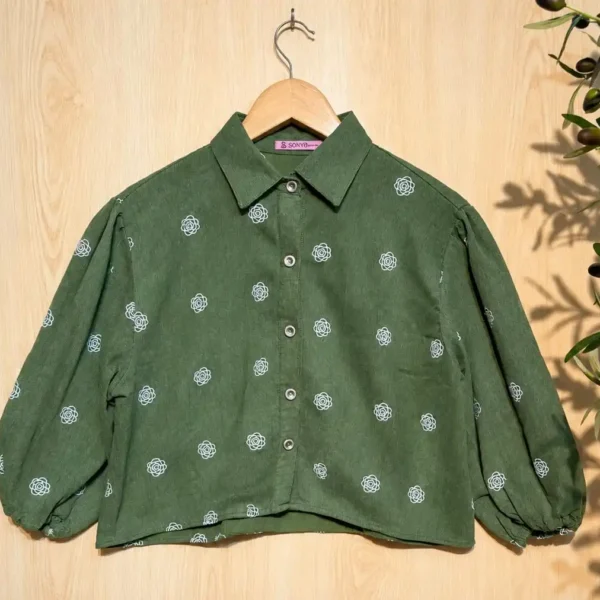 Olive Green Collared tops with White Rose Motifs