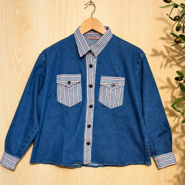 Striped Pocket & Collar Indigo Denim Top