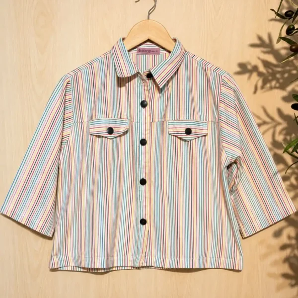 Rainbow Stripe Button-Down Casual Top