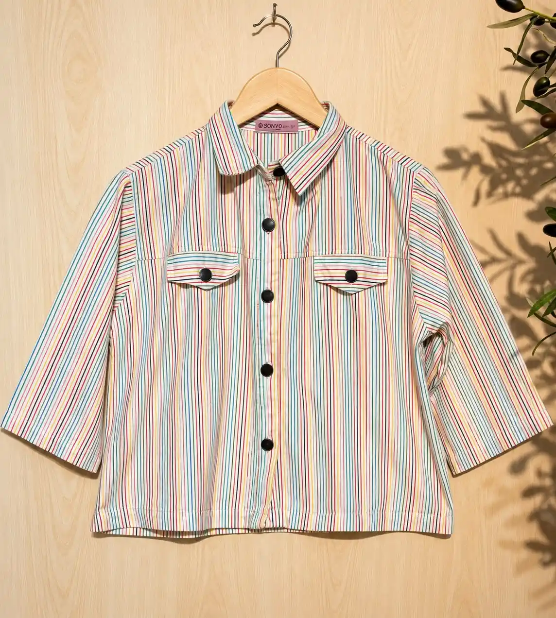 winter_top5_1350 Rainbow Stripe Button-Down Casual Top - Image 1
